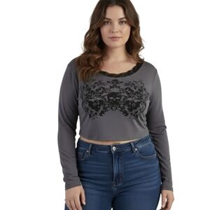 Long sleeves Skull & Flower Print Crop top, lace collar,gothic top, Size 14